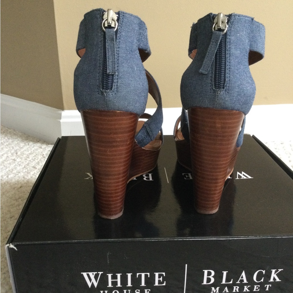White House Black Market Blue Denim Wedge Sandals - Picture 3 of 6